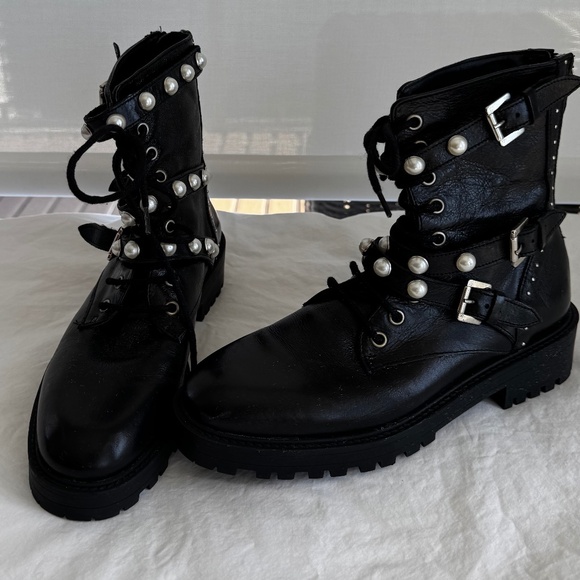 Zara Pearl Embellished Authentic Leather Black Biker Ankle Boots - Picture 4 of 13